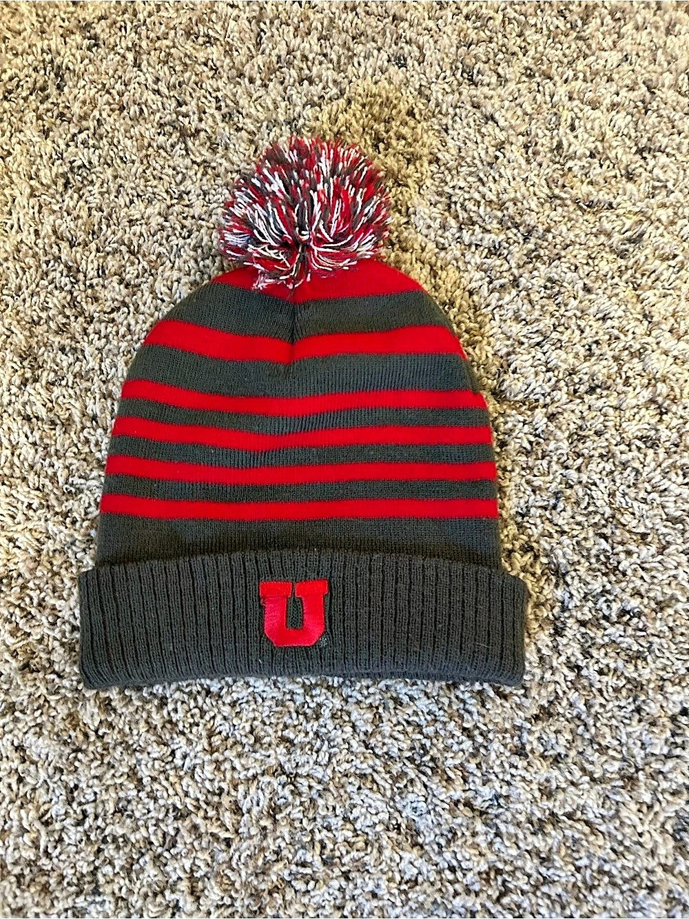 Striped Pom Beanie in Red & Black Like New